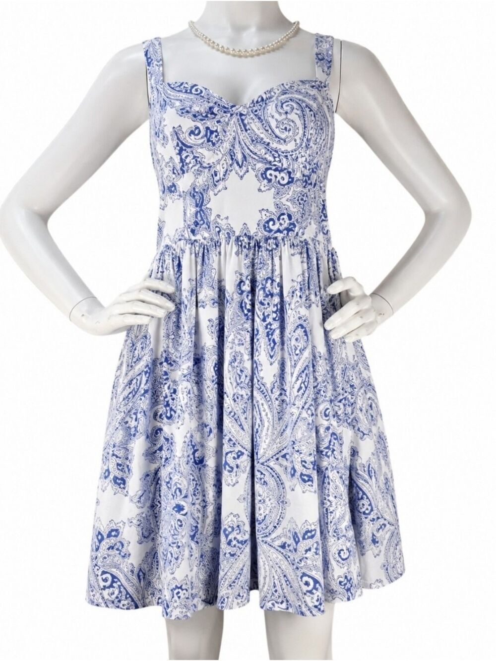 Black Tape Blue White Paisley Pockets Mini Dress Medium Coastal Grandmother NWT